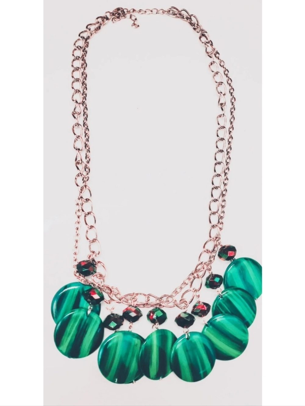 Green Charms Statement  Necklace - Rose Gold Chain